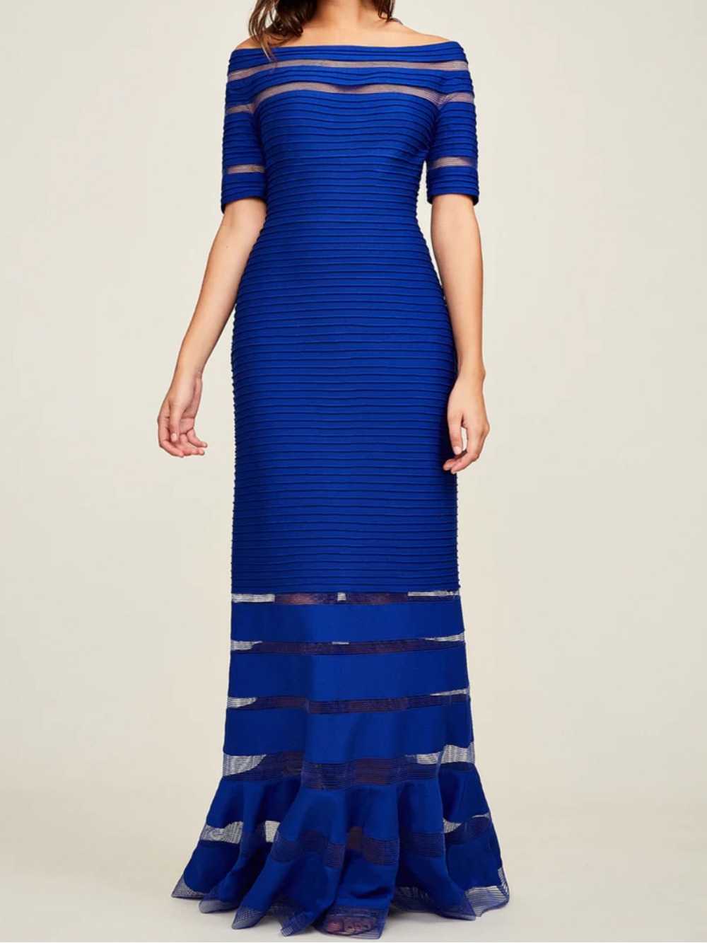 Tadashi Shoji Cobalt Blue Off-Shoulder Maxi Gown Size Small